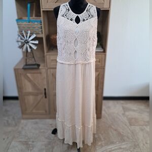 Indigo Thread Co. Maxi Dress Cream Color Crochet Lace Upper Lined Sleeveless